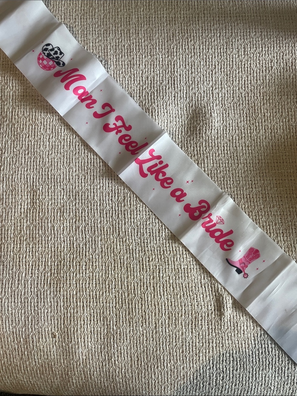 "Man I Feel Like a Bride" White Satin Sash with Pink Script